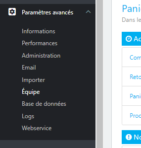 Paramètre avancé -> Equipe